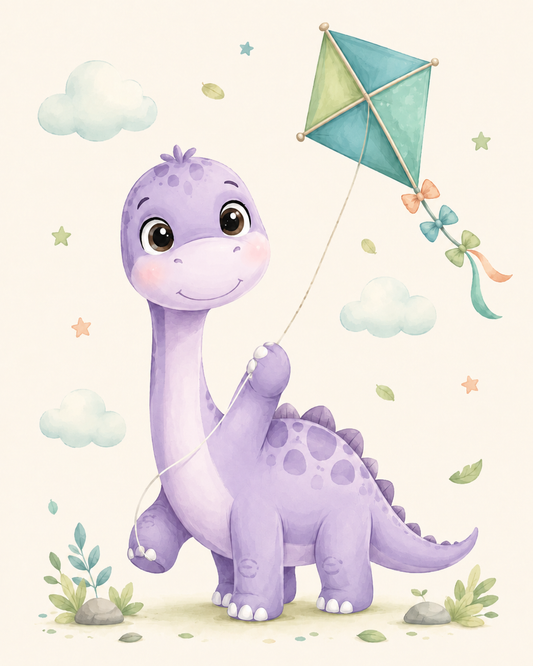 Quadro Dinossauro com Pipa em Aquarela