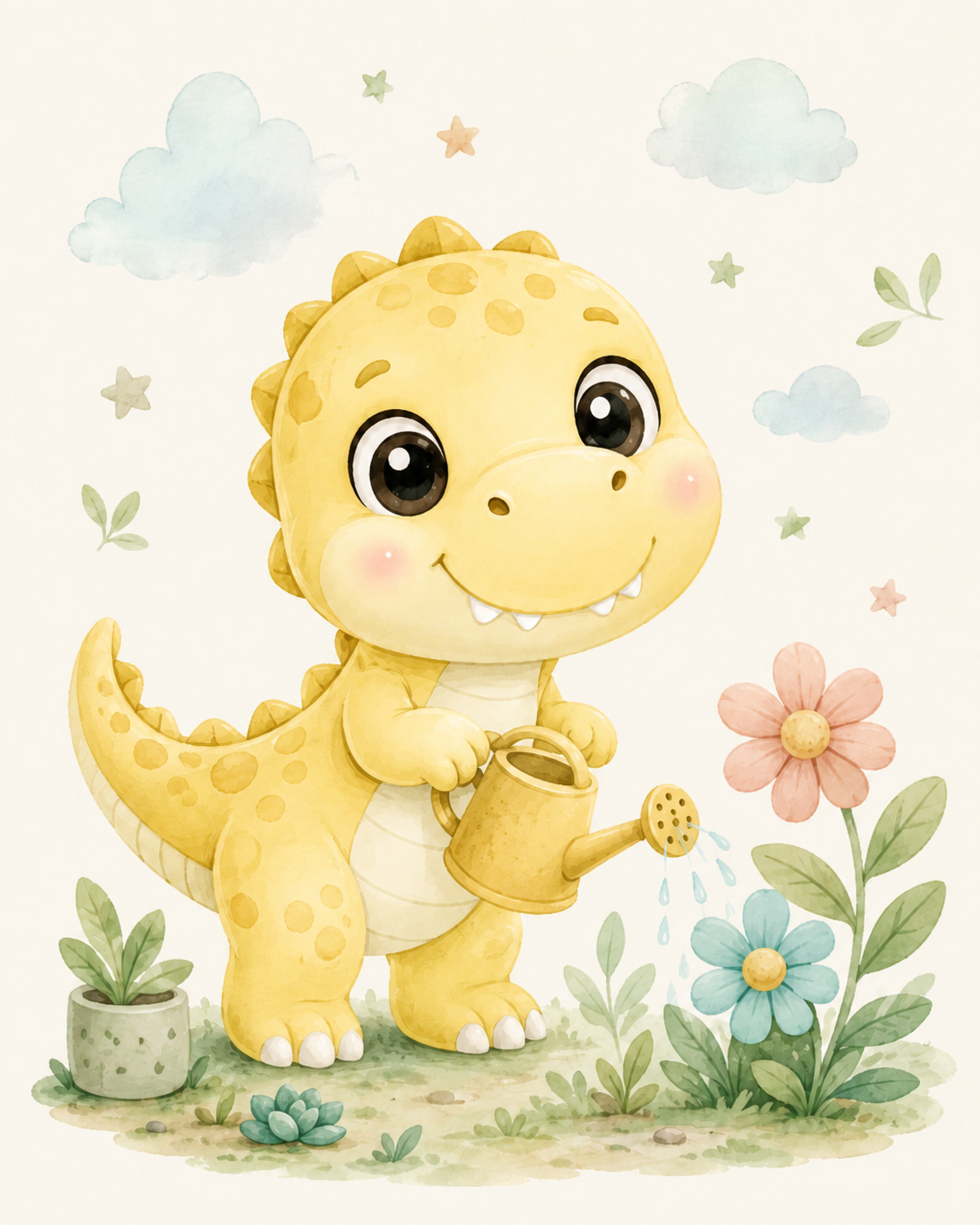 Quadro Dinossauro Amarelo Regando Flores