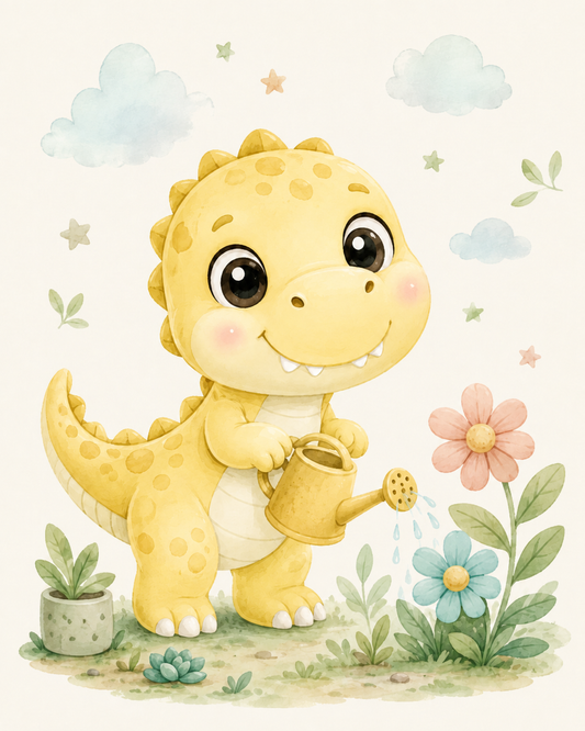 Quadro Dinossauro Amarelo Regando Flores
