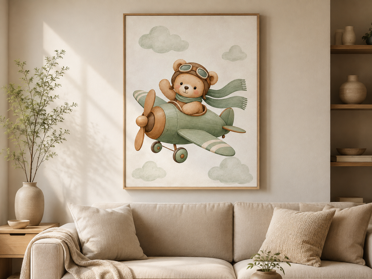 Quadro Infantil Ursinho Aviador no Avião Verde