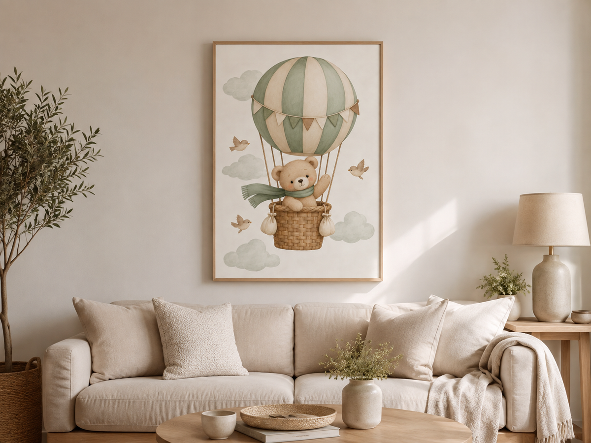 Quadro Infantil Ursinho no Balão Verde