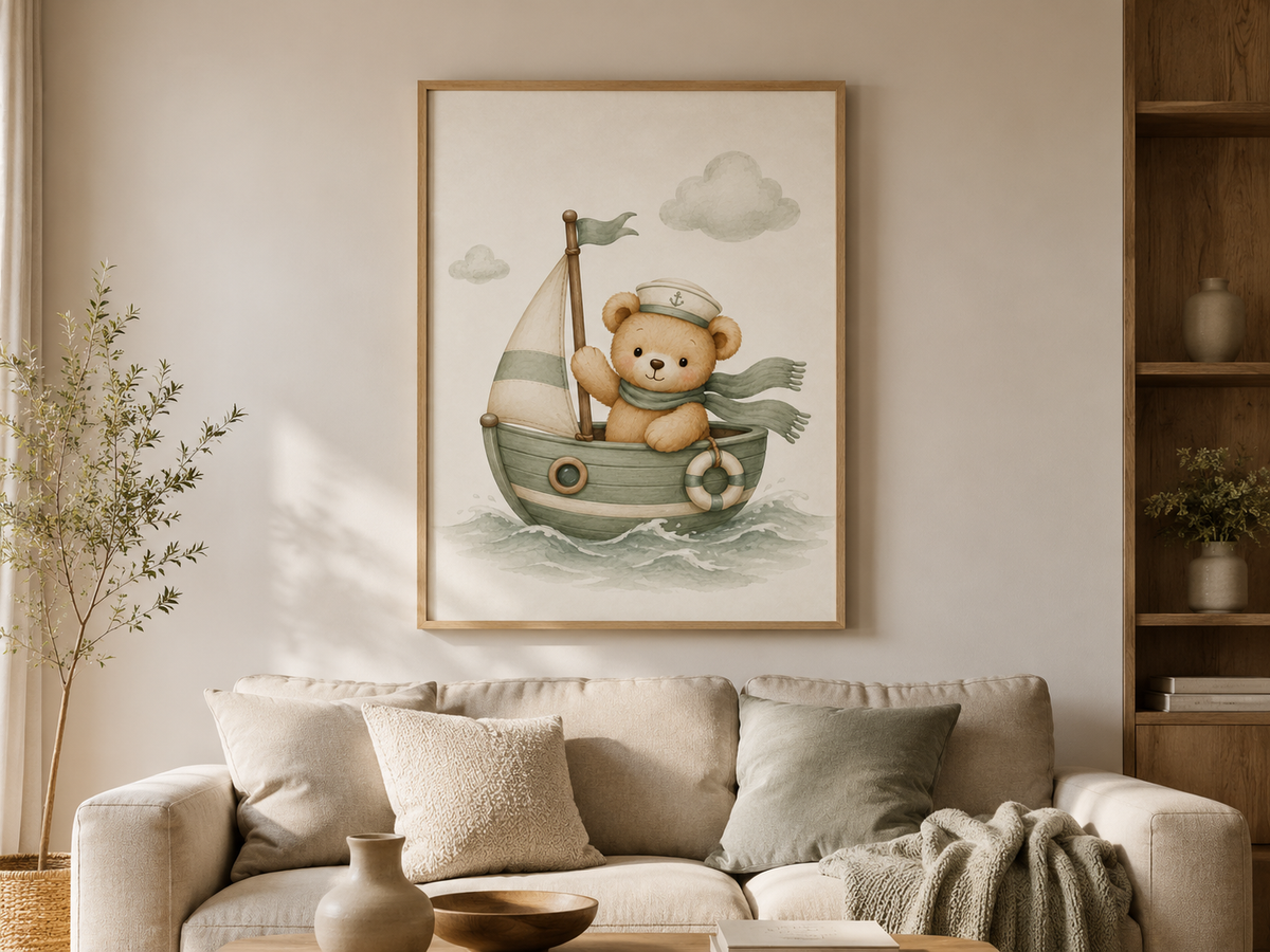 Quadro Infantil Ursinho Marinheiro no Barquinho Verde