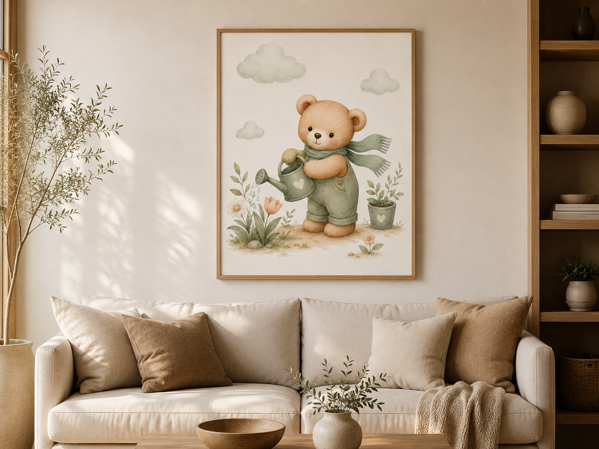 Quadro Infantil Ursinho Jardineiro com Regador