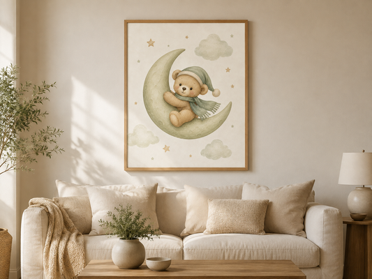 Quadro Infantil Ursinho na Lua em Aquarela