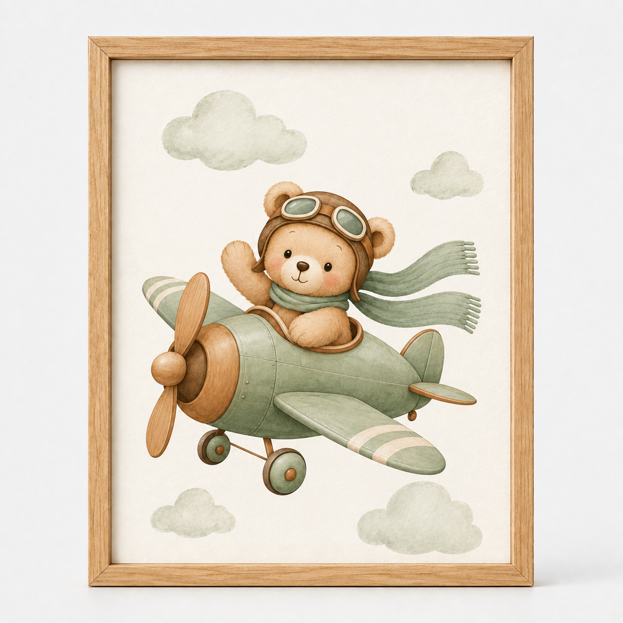 Quadro Infantil Ursinho Aviador no Avião Verde