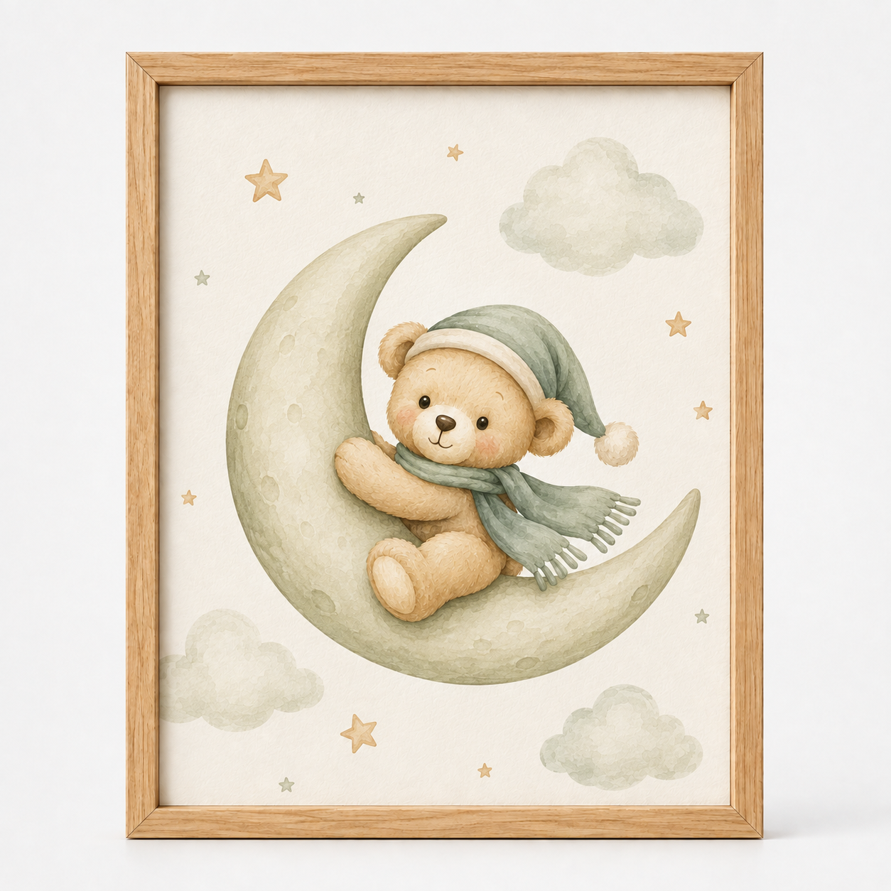 Quadro Infantil Ursinho na Lua em Aquarela