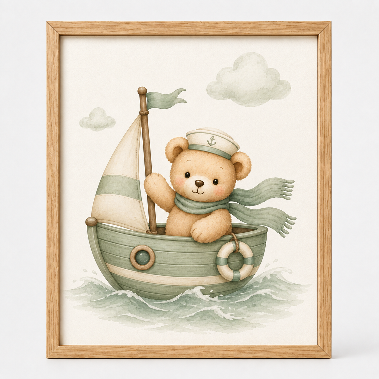 Quadro Infantil Ursinho Marinheiro no Barquinho Verde