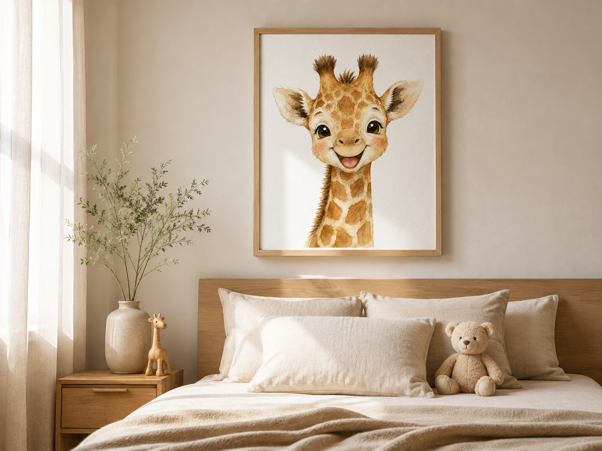 Quadro Infantil Girafa Sorridente em Aquarela