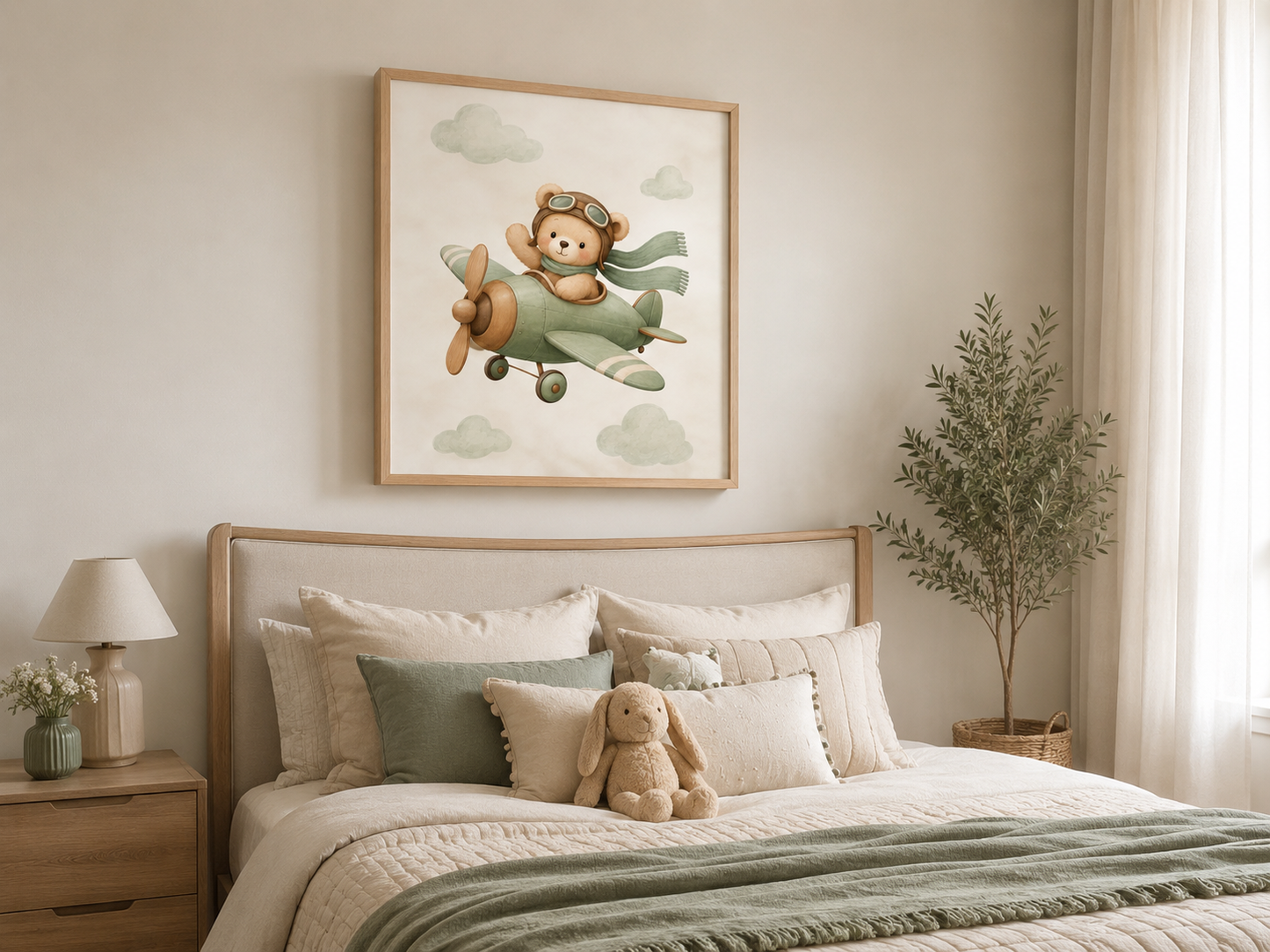 Quadro Infantil Ursinho Aviador no Avião Verde