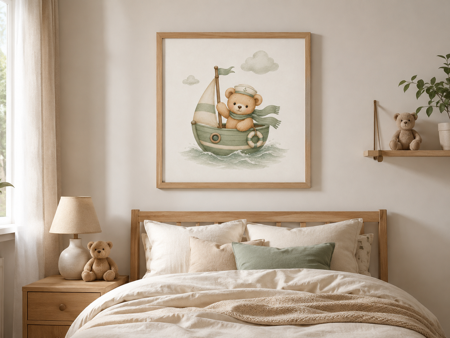 Quadro Infantil Ursinho Marinheiro no Barquinho Verde