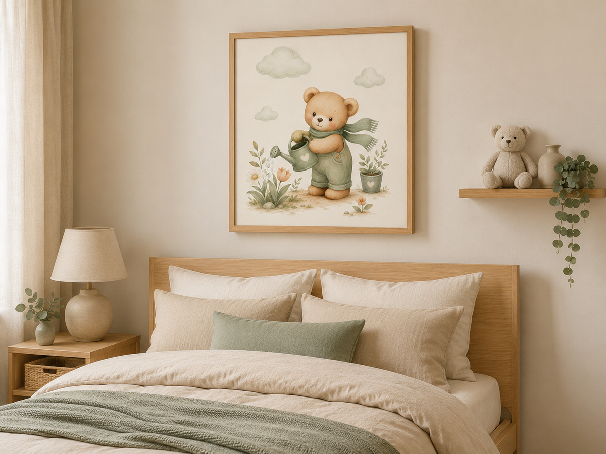 Quadro Infantil Ursinho Jardineiro com Regador