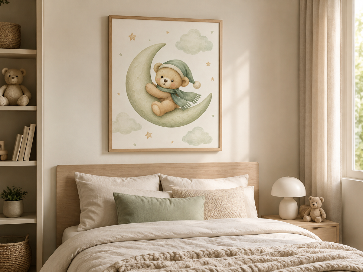 Quadro Infantil Ursinho na Lua em Aquarela
