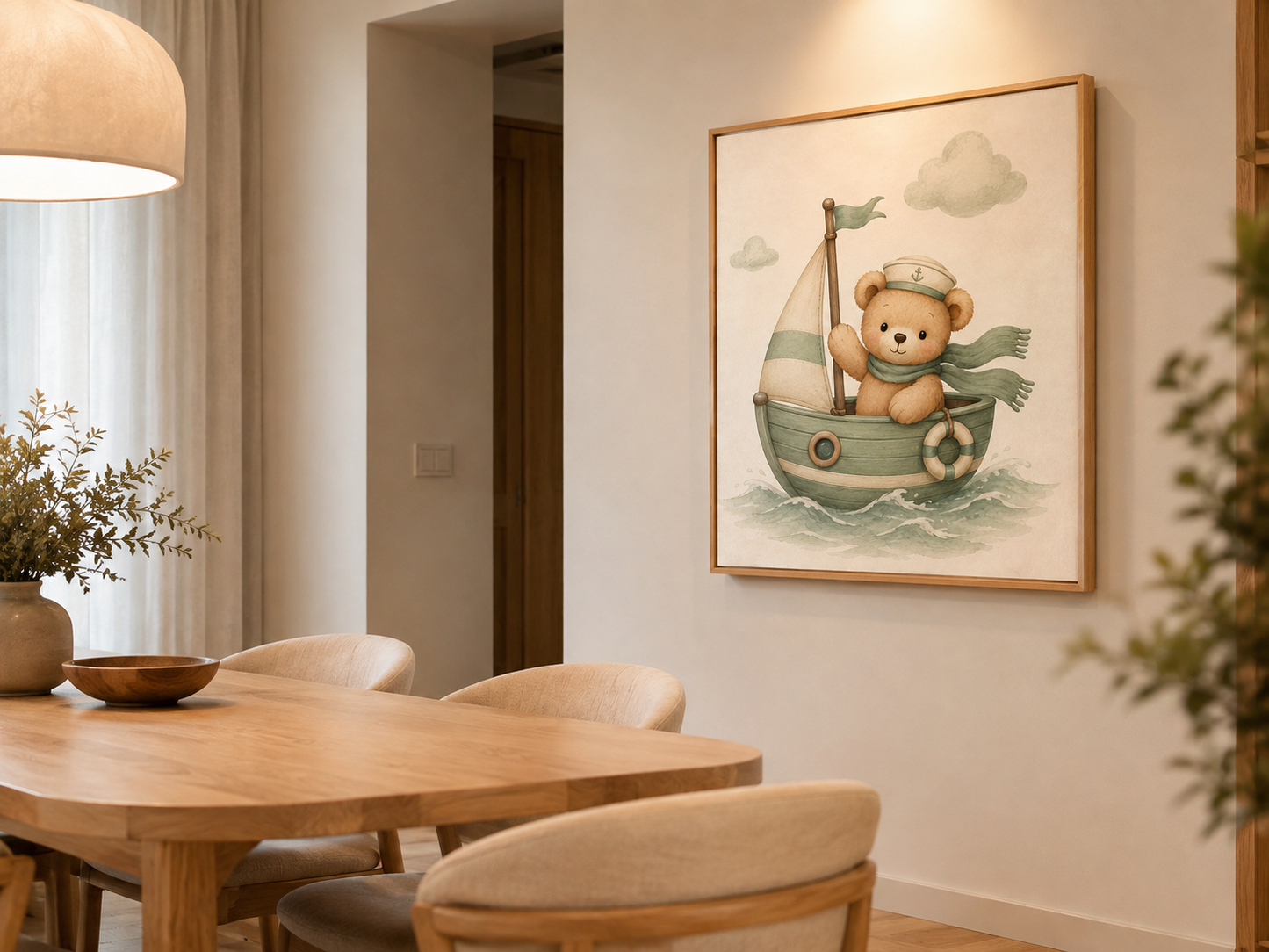 Quadro Infantil Ursinho Marinheiro no Barquinho Verde