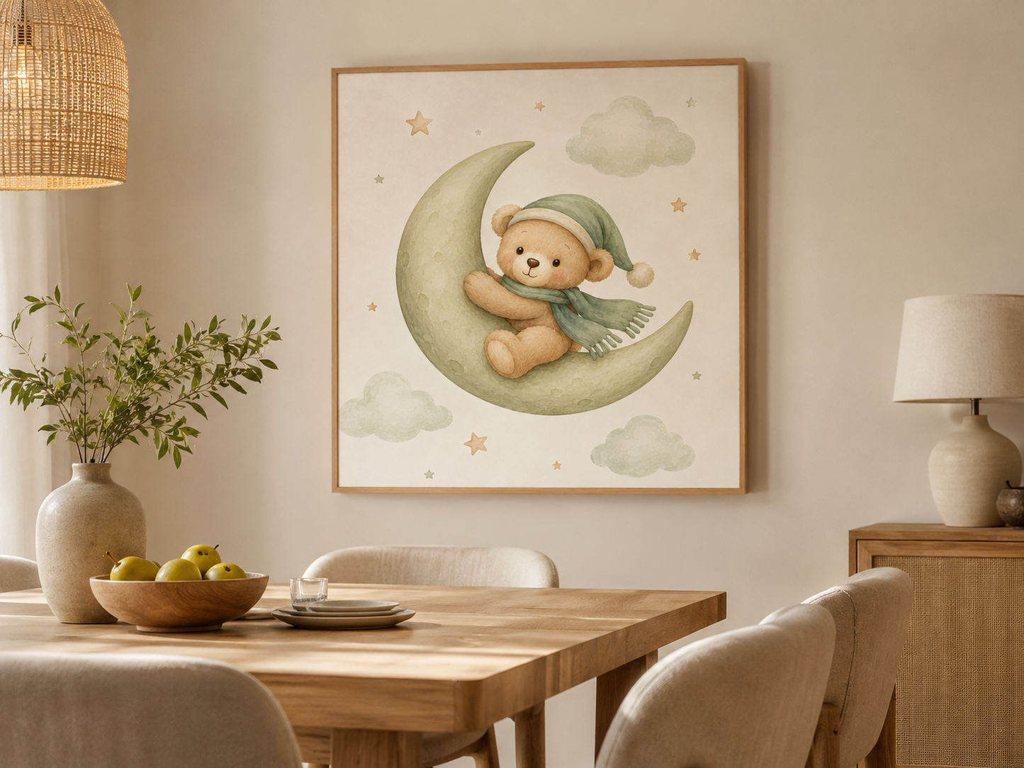 Quadro Infantil Ursinho na Lua em Aquarela