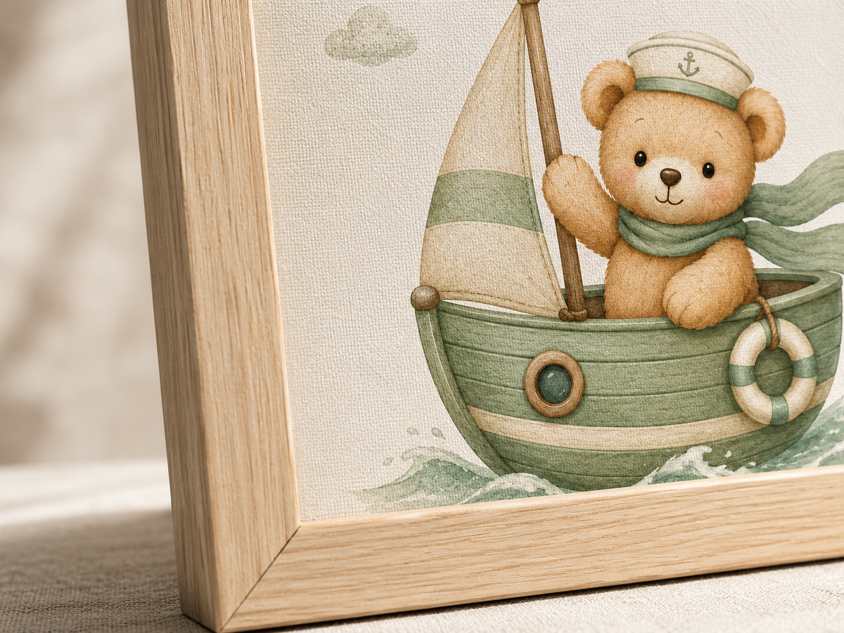 Quadro Infantil Ursinho Marinheiro no Barquinho Verde