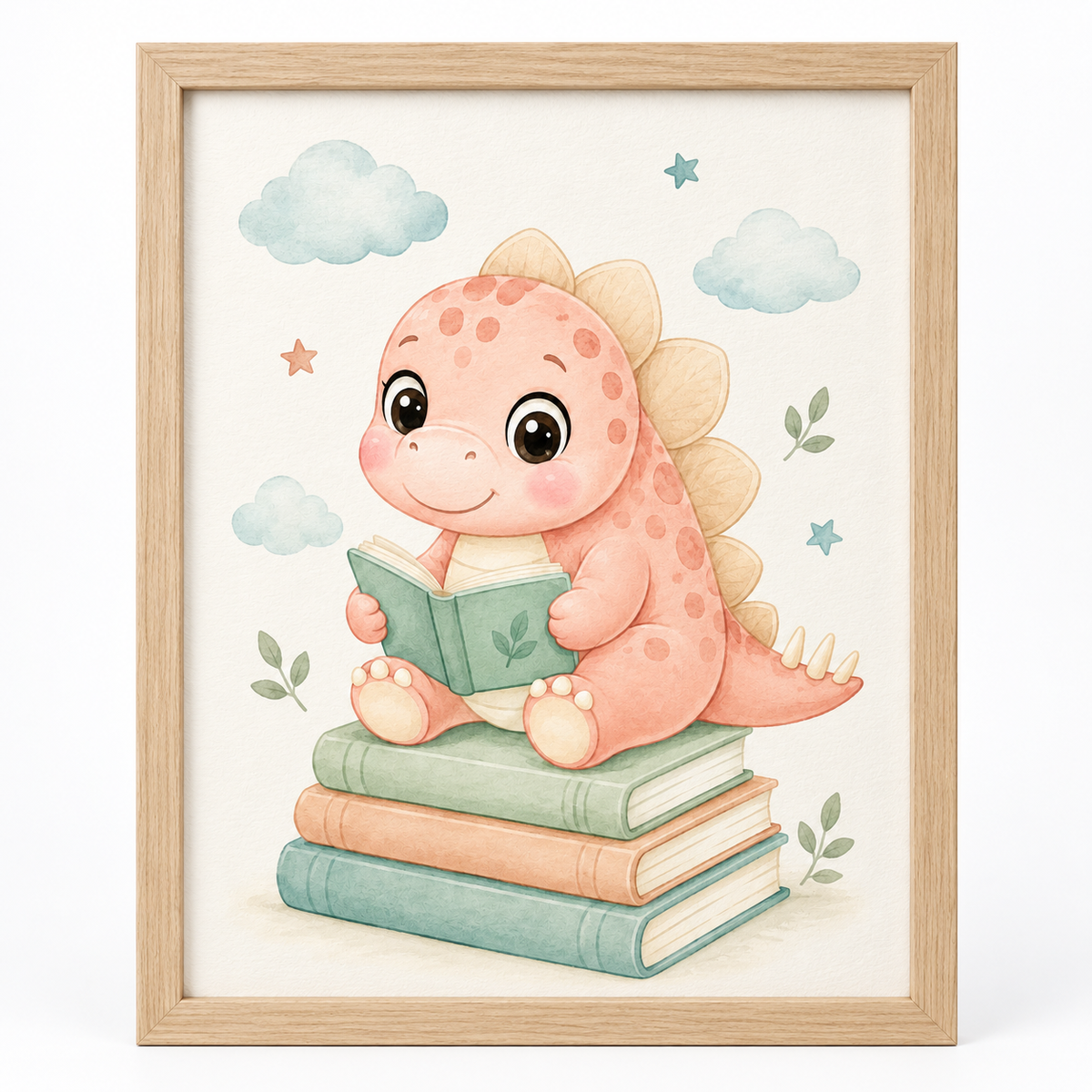 Quadro Dinossauro Lendo Livros em Aquarela