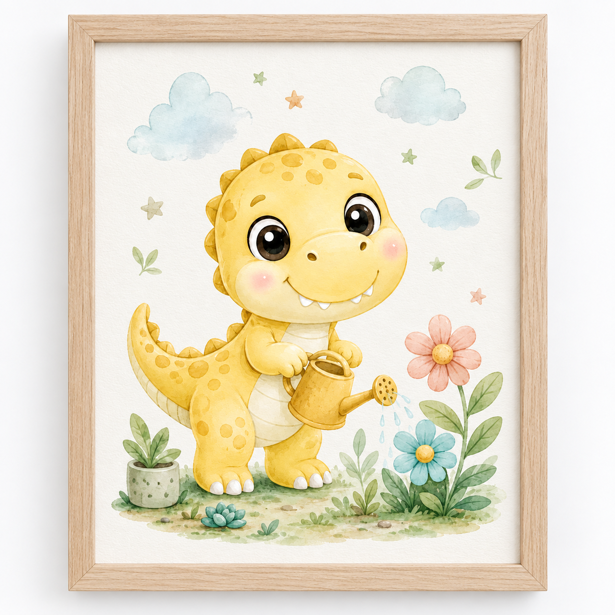 Quadro Dinossauro Amarelo Regando Flores