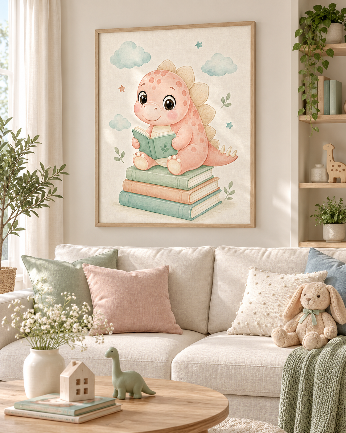 Quadro Dinossauro Lendo Livros em Aquarela