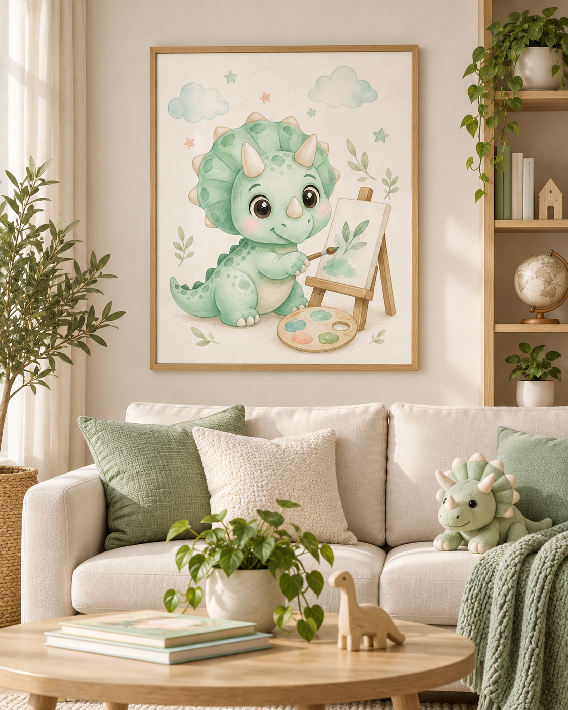 Quadro Dinossauro Pintor em Aquarela