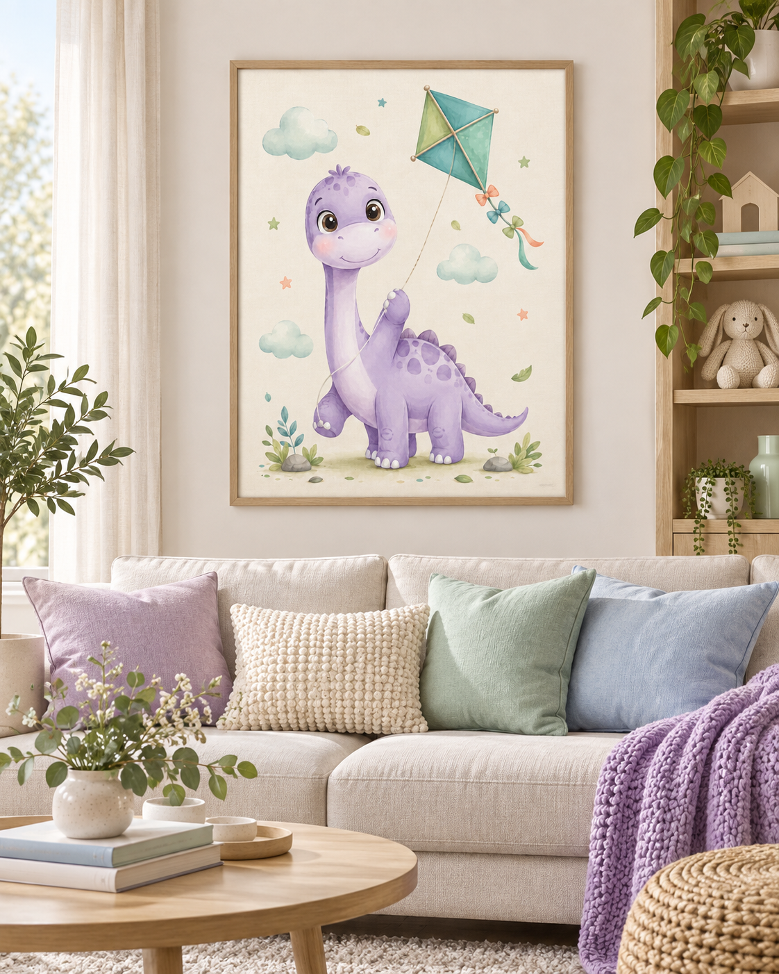 Quadro Dinossauro com Pipa em Aquarela