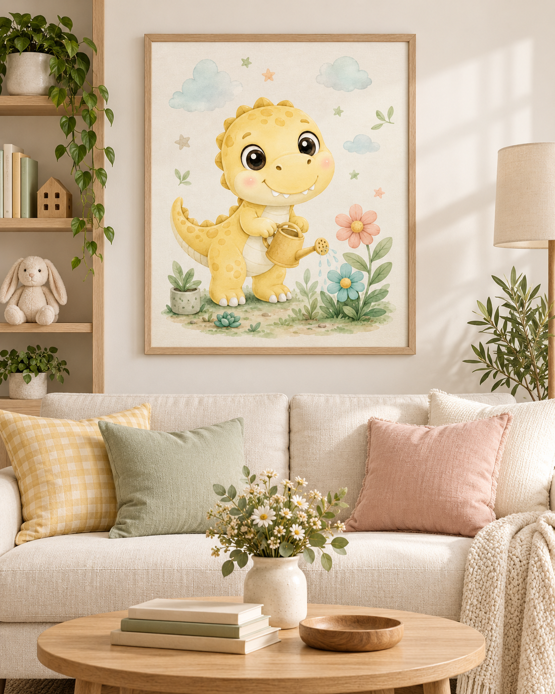 Quadro Dinossauro Amarelo Regando Flores