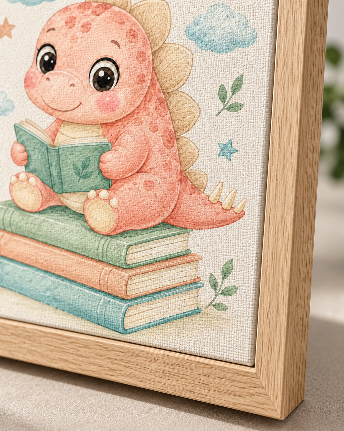 Quadro Dinossauro Lendo Livros em Aquarela