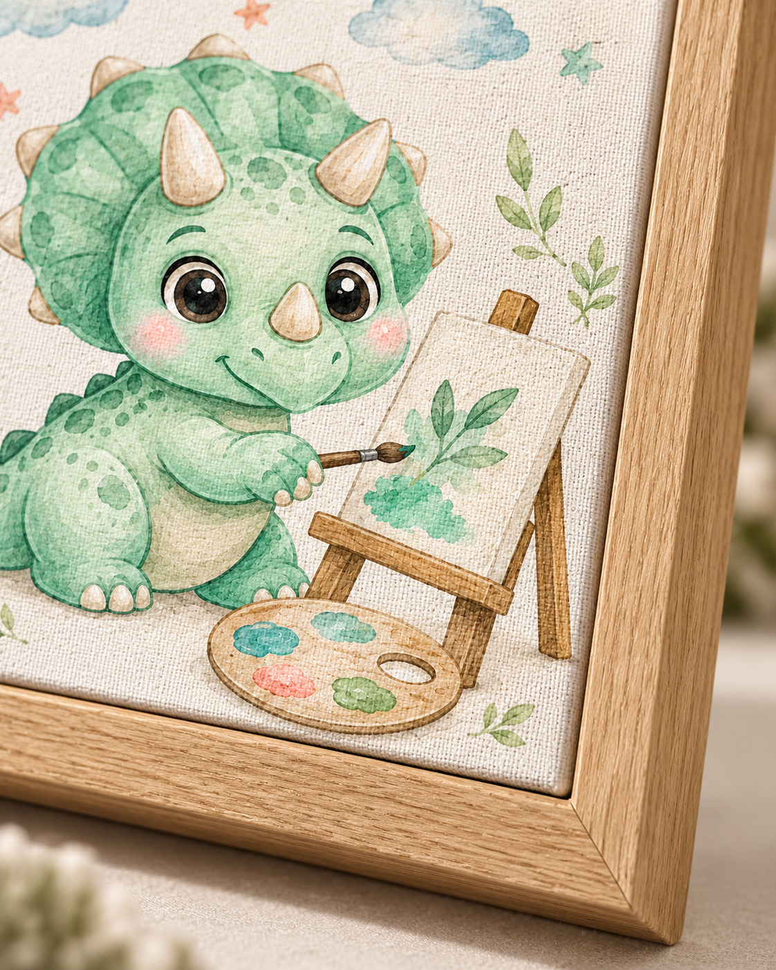 Quadro Dinossauro Pintor em Aquarela