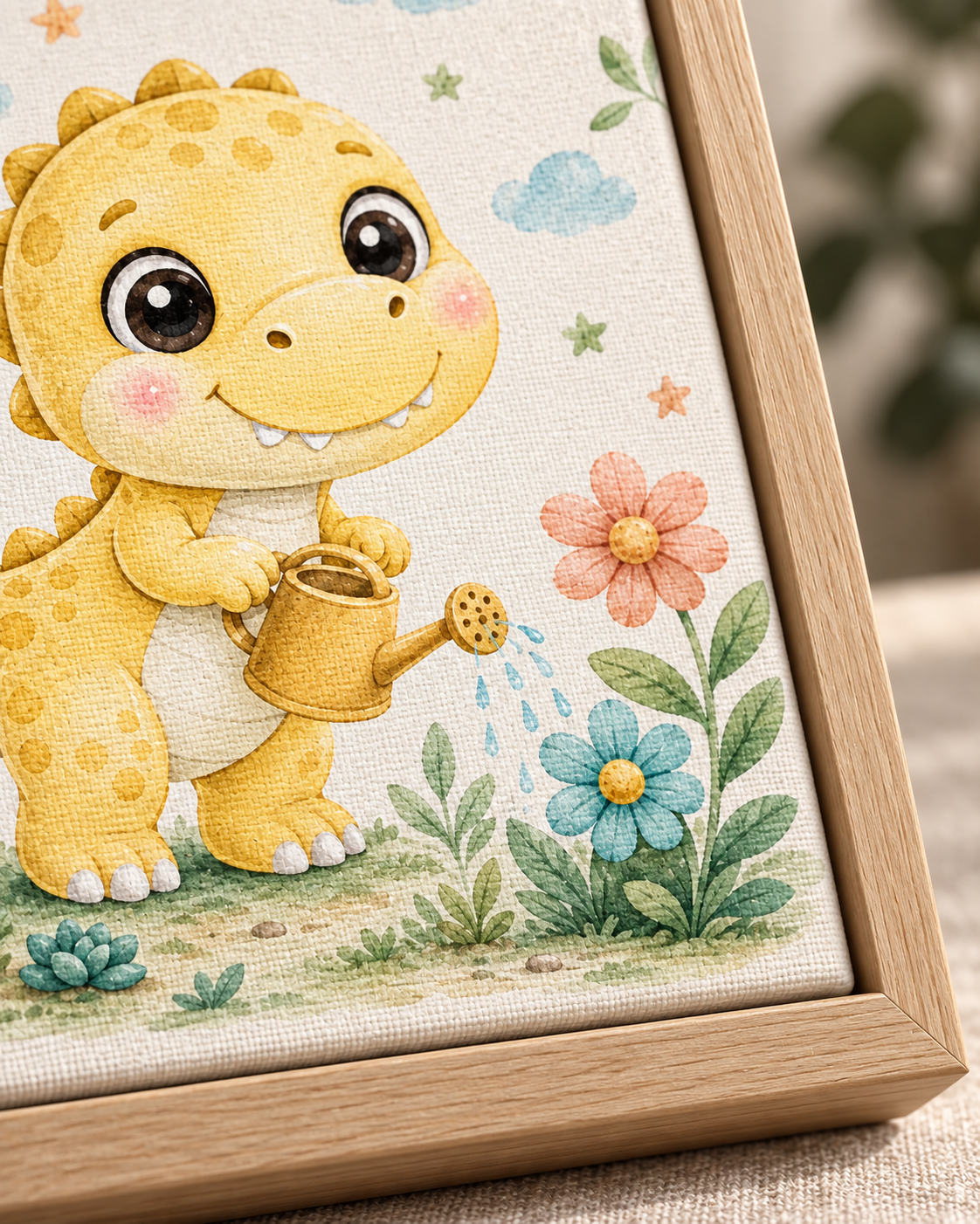 Quadro Dinossauro Amarelo Regando Flores