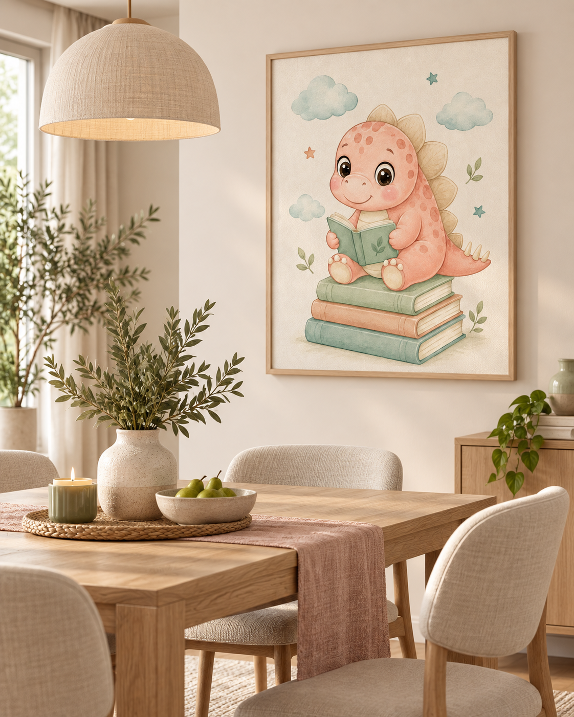 Quadro Dinossauro Lendo Livros em Aquarela