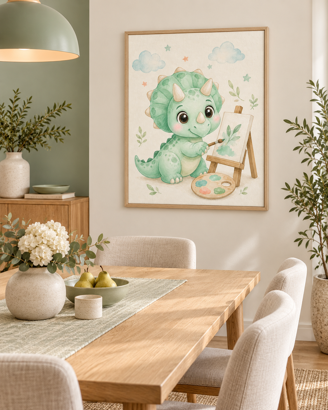 Quadro Dinossauro Pintor em Aquarela