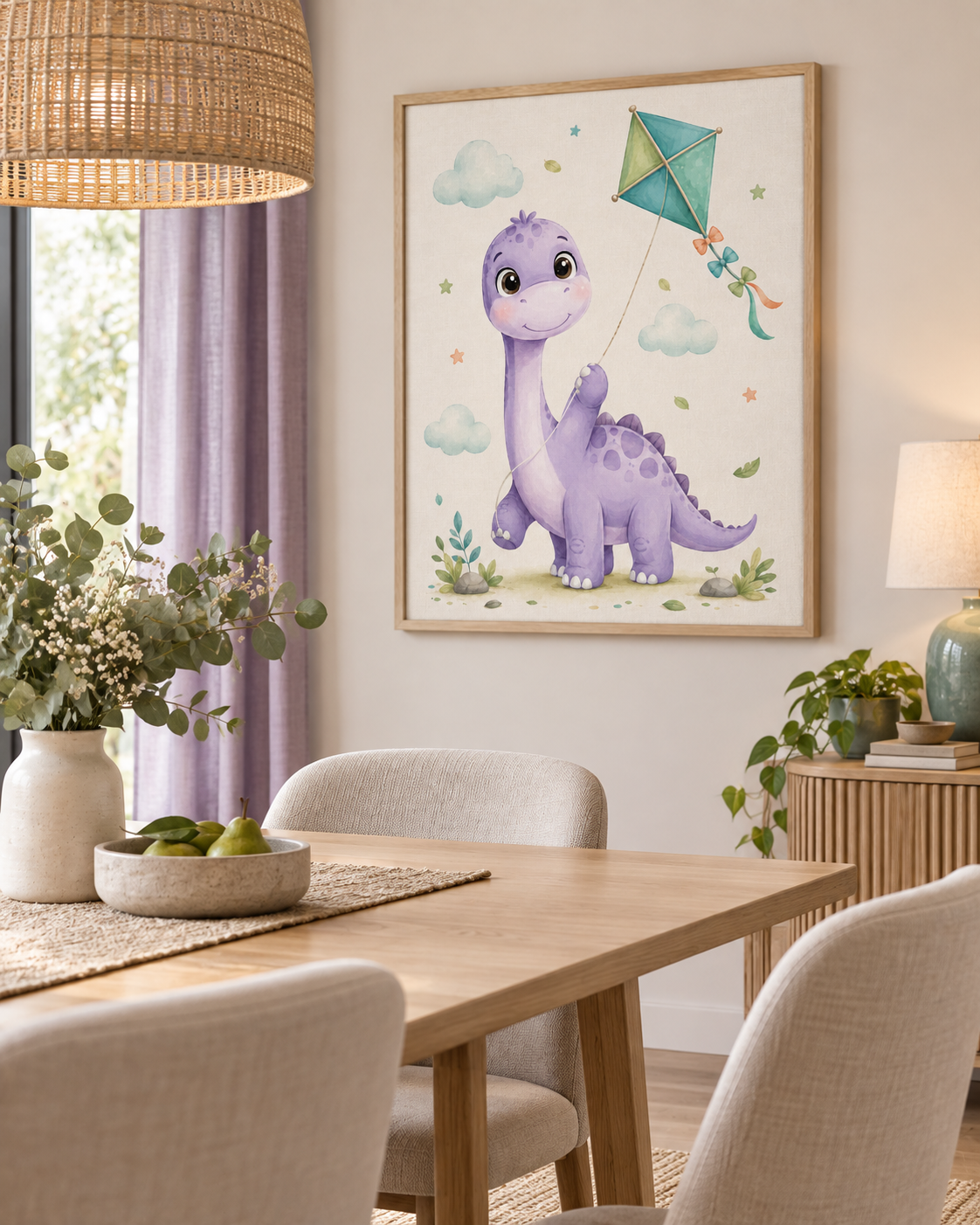 Quadro Dinossauro com Pipa em Aquarela