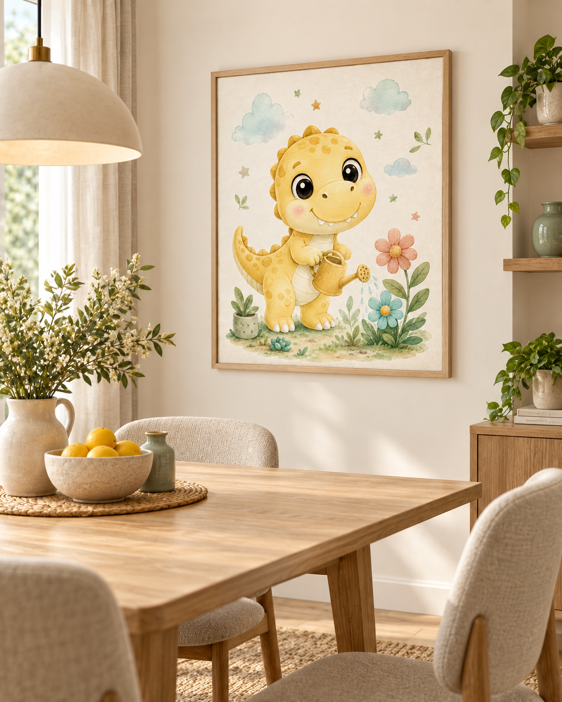 Quadro Dinossauro Amarelo Regando Flores