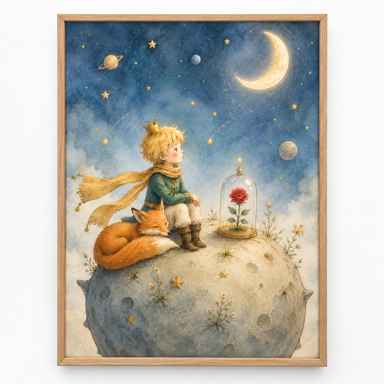 Quadro Pequeno Príncipe com Raposa e Rosa sob a Lua