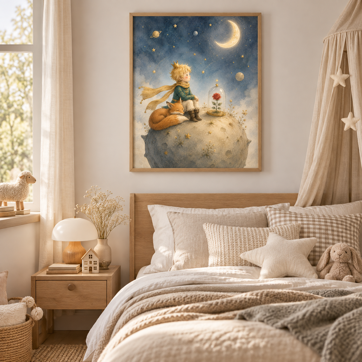 Quadro Pequeno Príncipe com Raposa e Rosa sob a Lua
