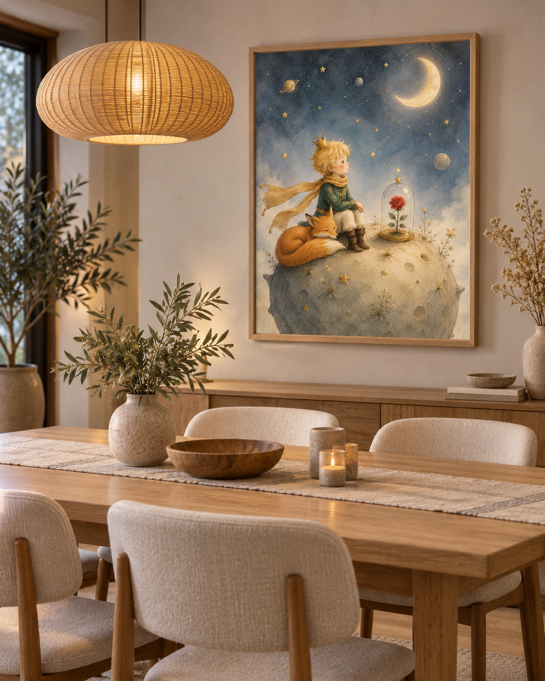 Quadro Pequeno Príncipe com Raposa e Rosa sob a Lua