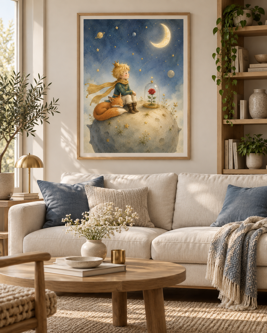 Quadro Pequeno Príncipe com Raposa e Rosa sob a Lua