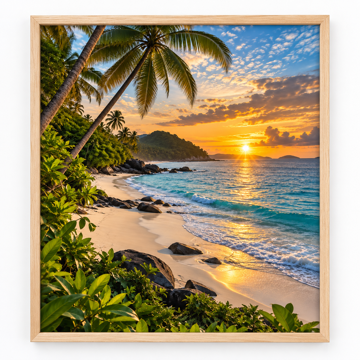 Quadro Praia Tropical ao Pôr do Sol