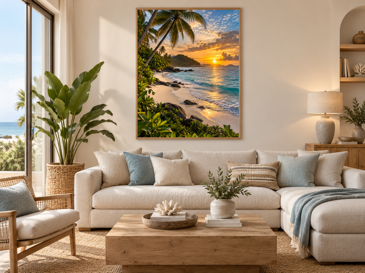 Quadro Praia Tropical ao Pôr do Sol