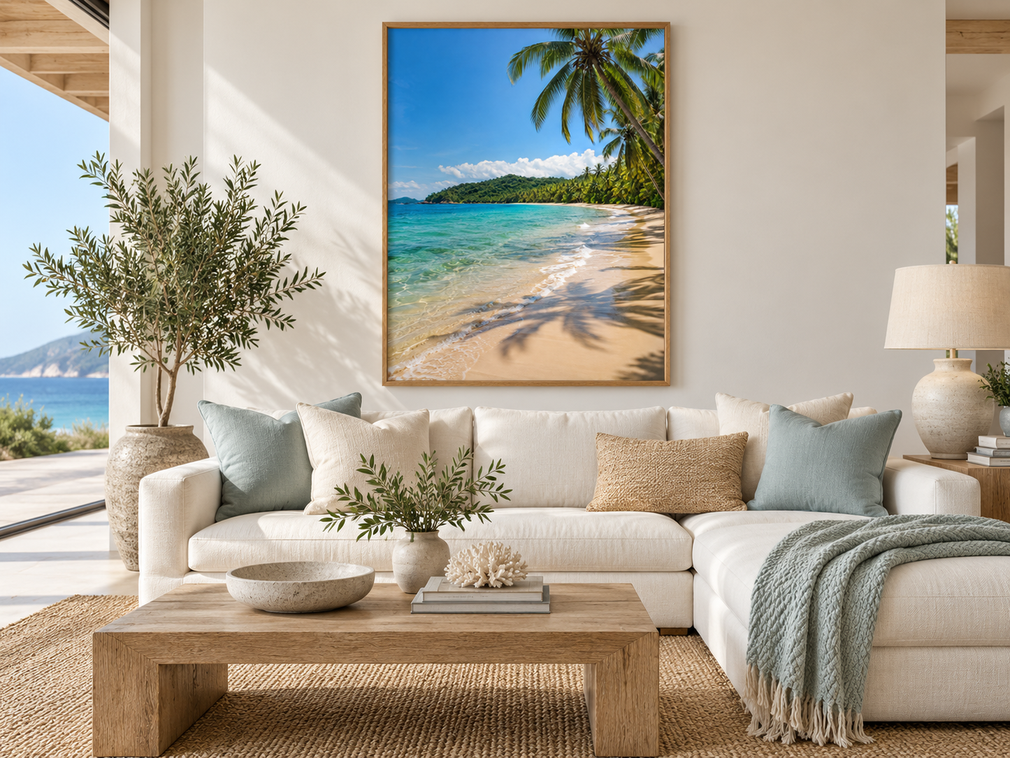 Quadro Praia Tropical com Coqueiros e Mar Azul