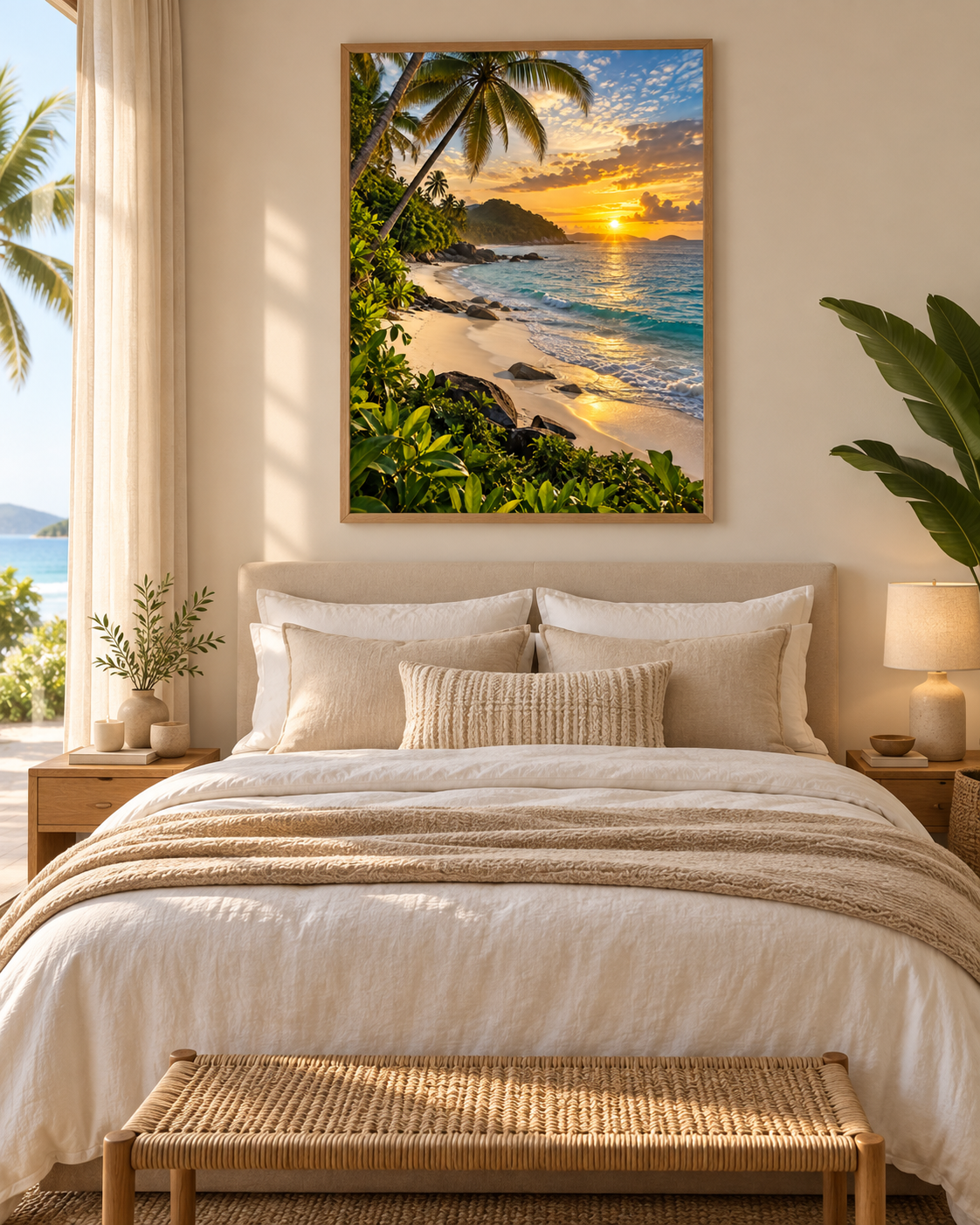 Quadro Praia Tropical ao Pôr do Sol