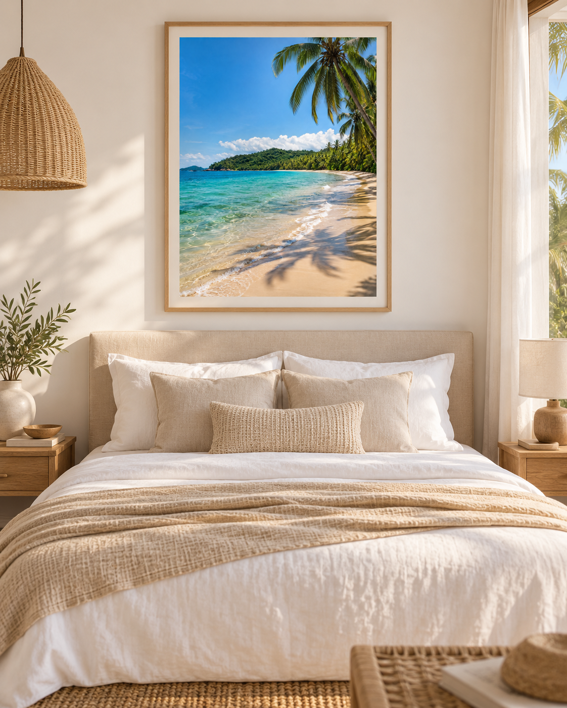 Quadro Praia Tropical com Coqueiros e Mar Azul