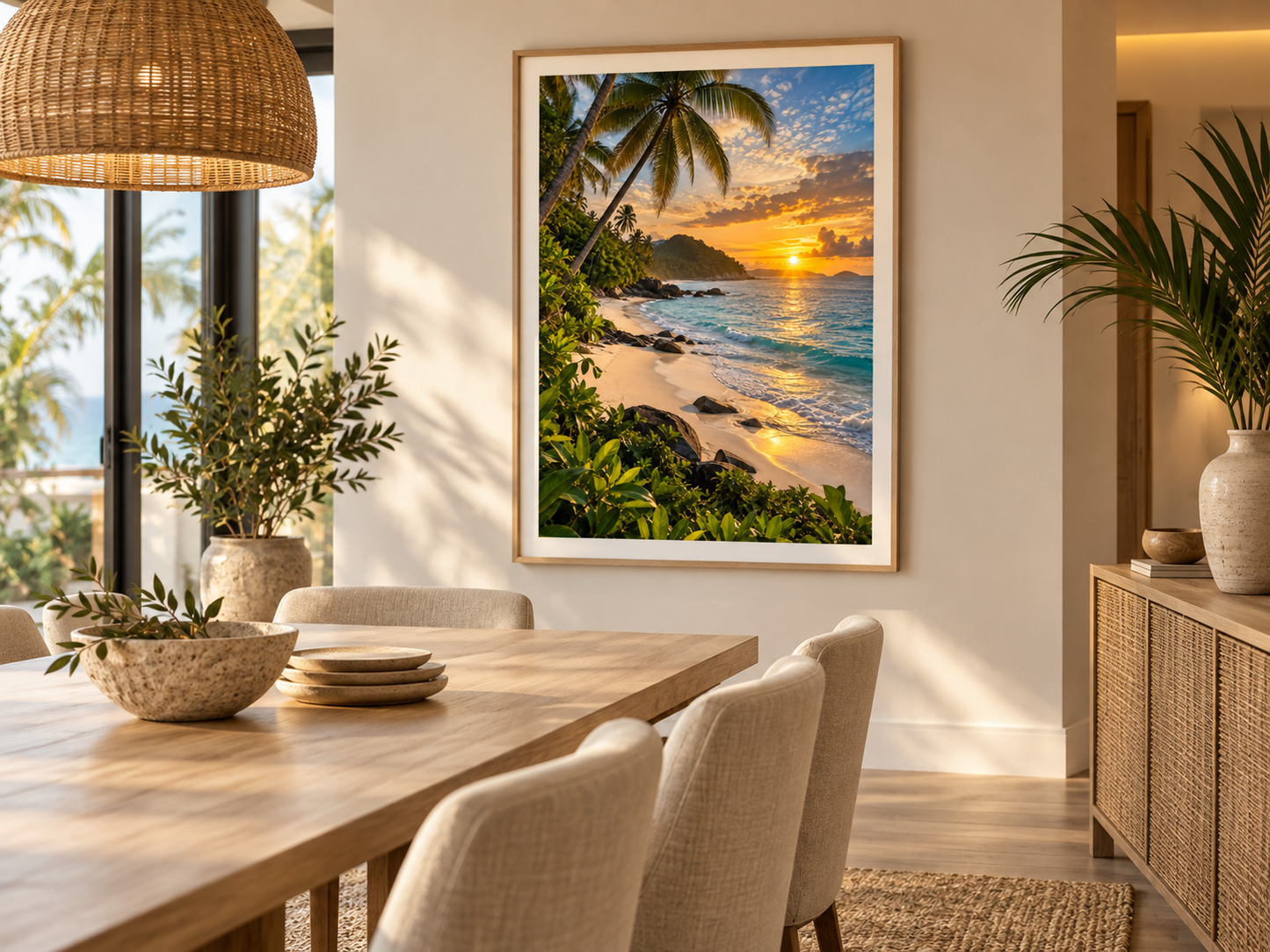 Quadro Praia Tropical ao Pôr do Sol