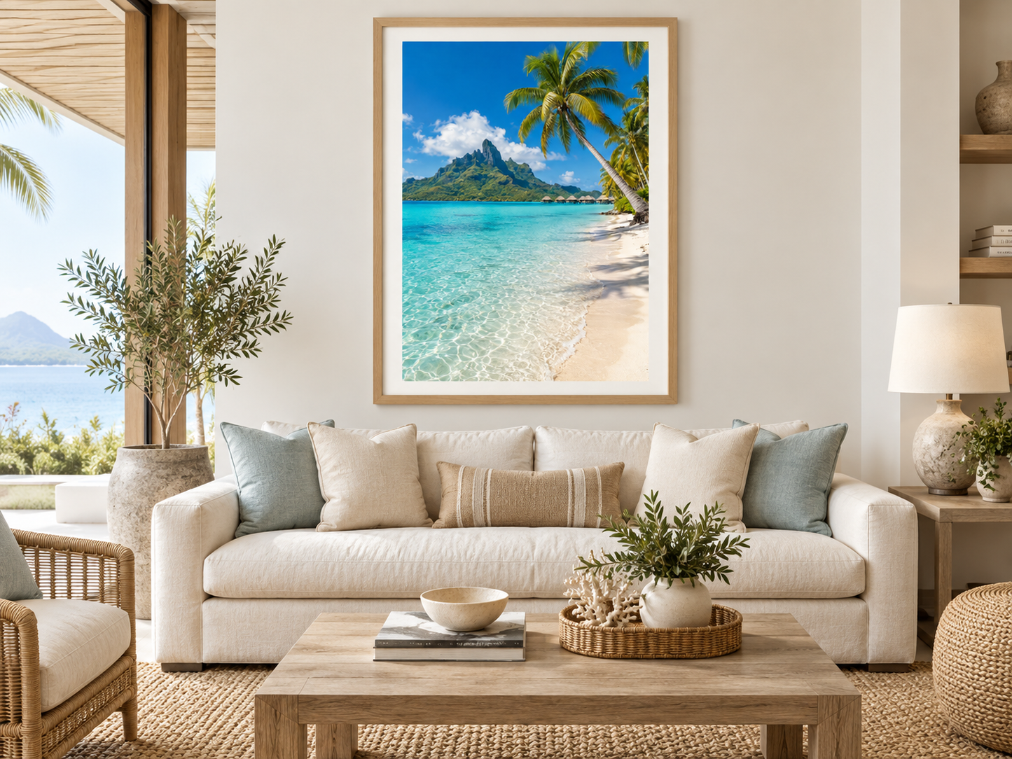 Quadro Praia Tropical com Bangalôs e Coqueiros