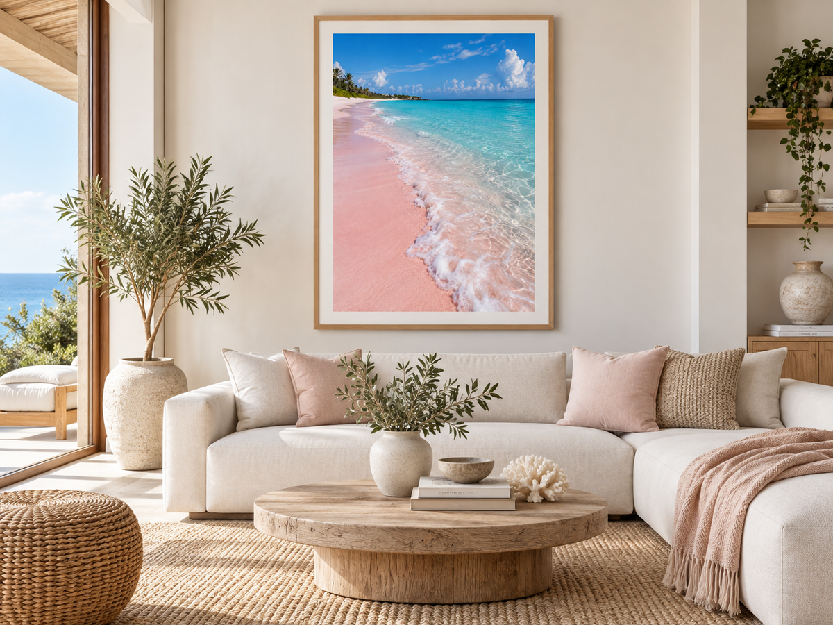 Quadro Praia de Areia Rosada e Mar Turquesa