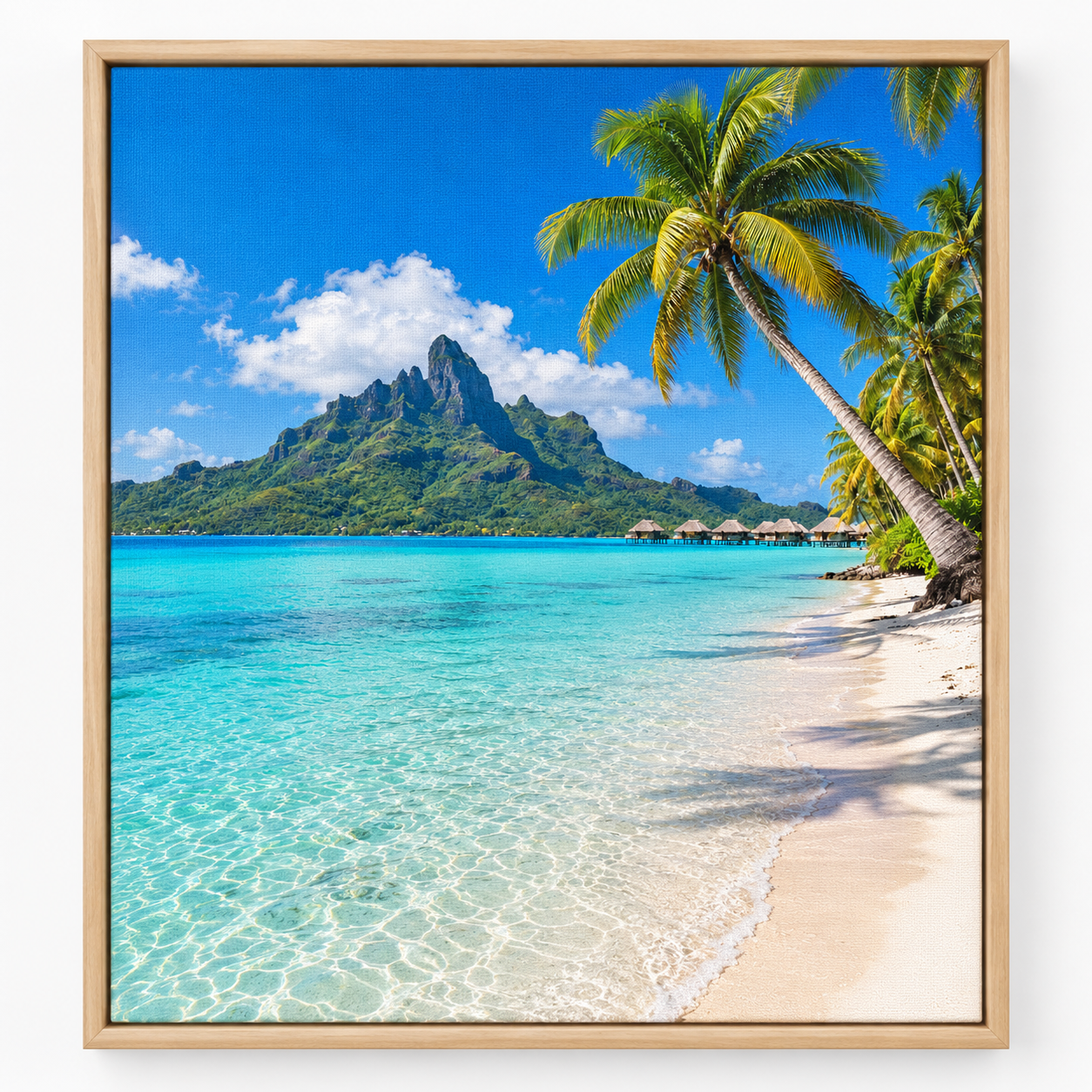 Quadro Praia Tropical com Bangalôs e Coqueiros