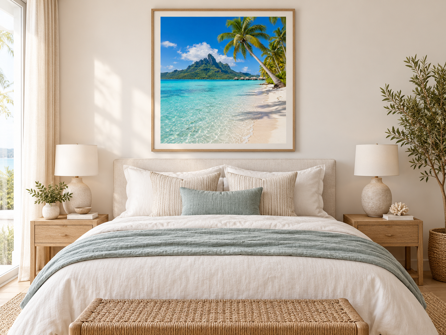 Quadro Praia Tropical com Bangalôs e Coqueiros