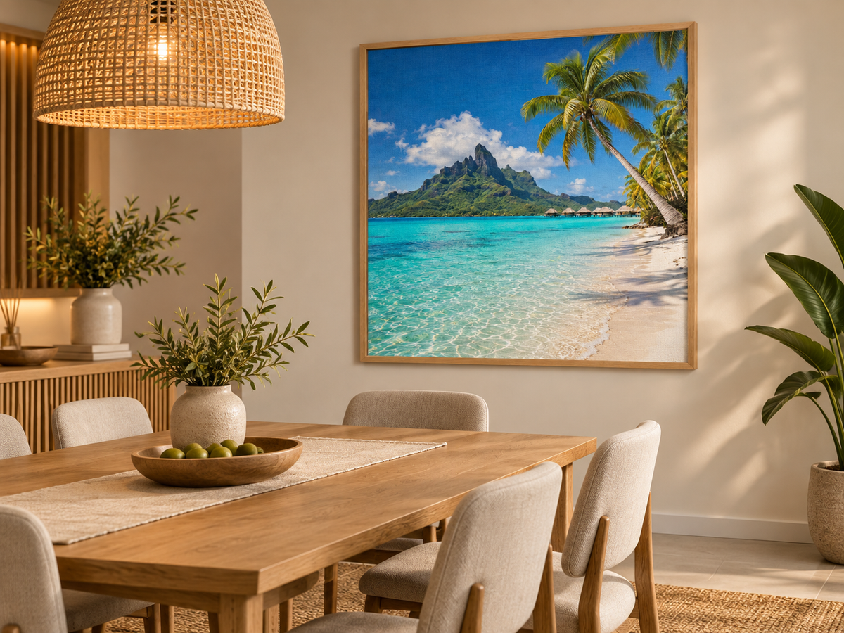 Quadro Praia Tropical com Bangalôs e Coqueiros