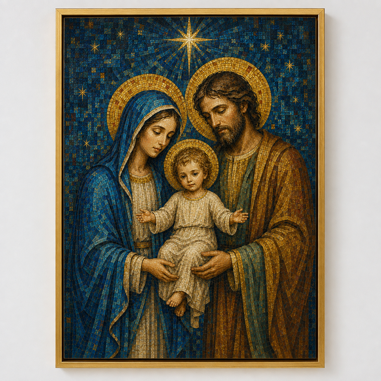 Quadro Sagrada Família em Mosaico Azul e Dourado
