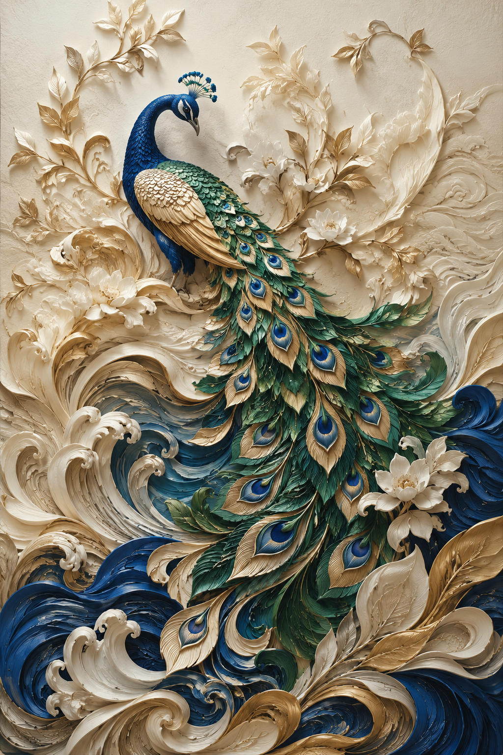 Quadro Pavão entre Ondas Douradas
