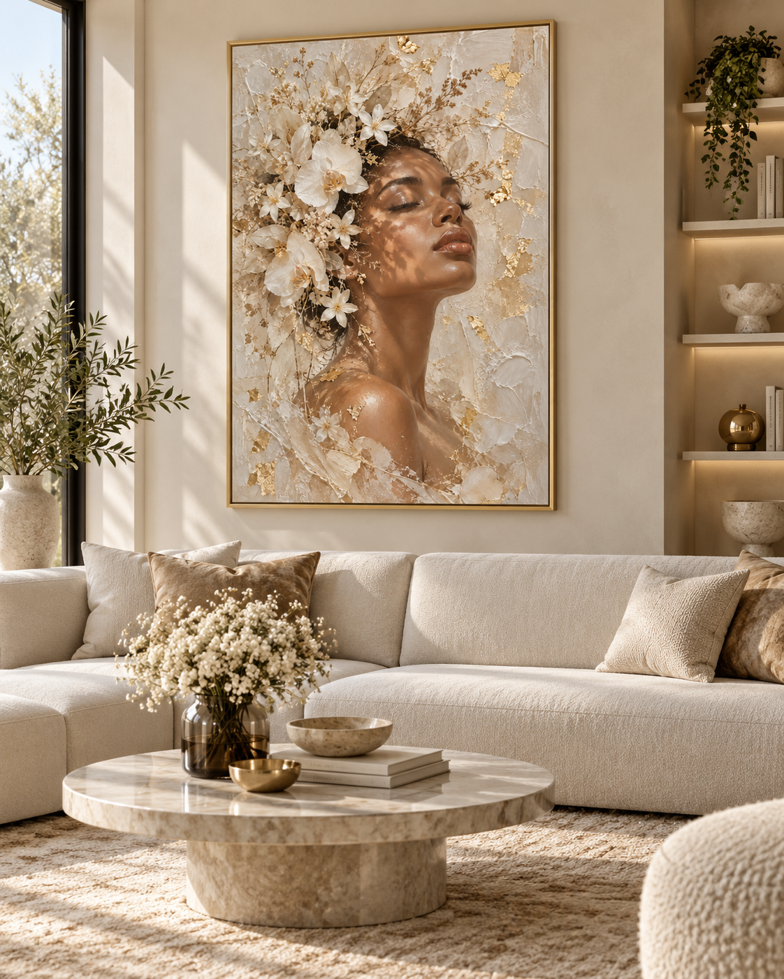 Quadro Mulher Negra com Flores Brancas e Dourado